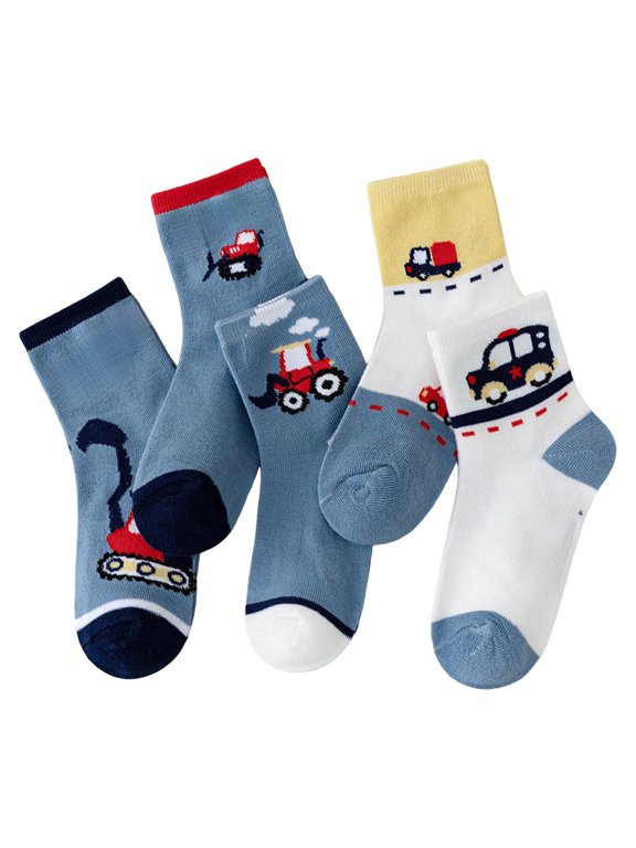 Baby Mid-Crew Socks with Grips Five Pairs Of Boys' Cartoon Construction Vehicle Themed Mid Calf Cotton Socks Breathable Sweat Absorbent And Available In Multiple Colors Blue,0-2 Years