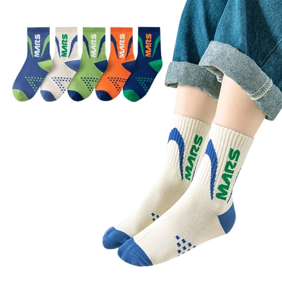 Wxirdrow Baby Toddler Non-Skid Crew Socks Toddler Boys Girls Letter Print Socks Athletic Socks For Boy 3 To 16 Years Pack Of 5 Pairs Crew Socks Gifts For Kids White,6-8 Years