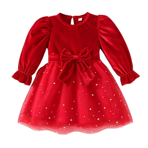 Wxirdrow Girl's Velvet Neck Long Sleeve Party Dress Toddler Girls' Long-Sleeve Dress Princess Tutu Tulle Dress Xmas Red,3-4 Years