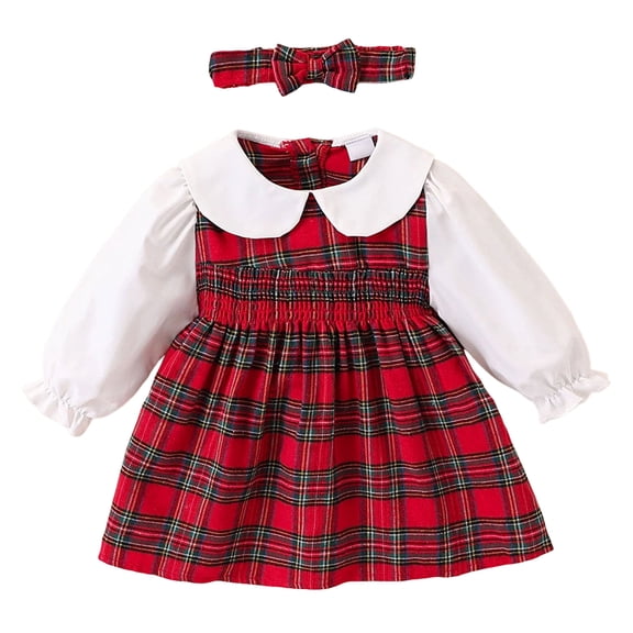 Wxirdrow Girls Fall Dress Long Sleeve Toddler Baby Girls Long Sleeve Collared Plaid Ruffle Trim A-Line Midi Dress for Winter Christmas Holiday Party Wear Red,18-24 Months