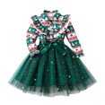 thumbnail image 1 of Wxirdrow Toddler Girls Ruffle Long Sleeve Christmas Dress Floral Tiered Tulle Dress Fall Winter New Round Neck Skirt Dark Green,4 Years, 1 of 8