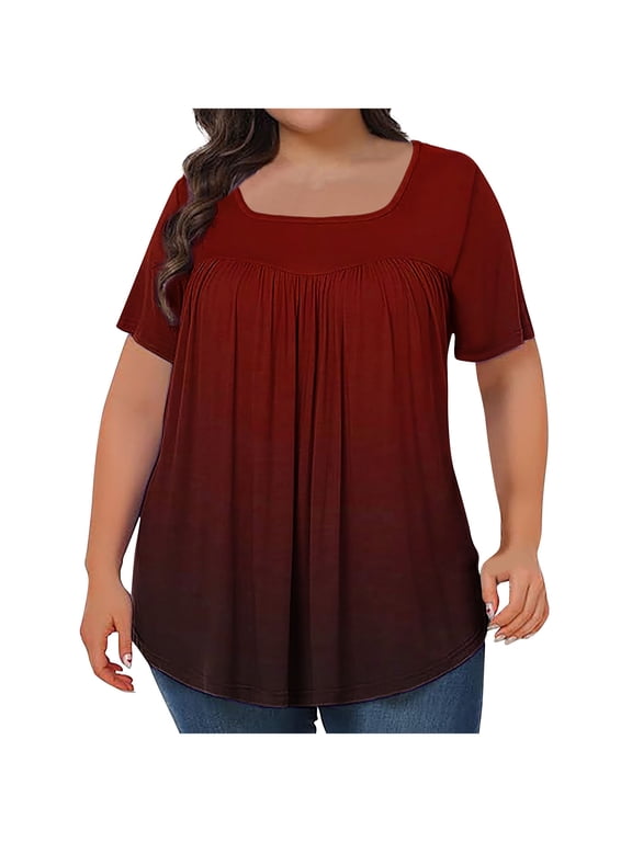 Plus Size Tops for Women Short Sleeve Square Neck Summer Loose Fit Tunic Top for Leggings Pleated Tops for Womens