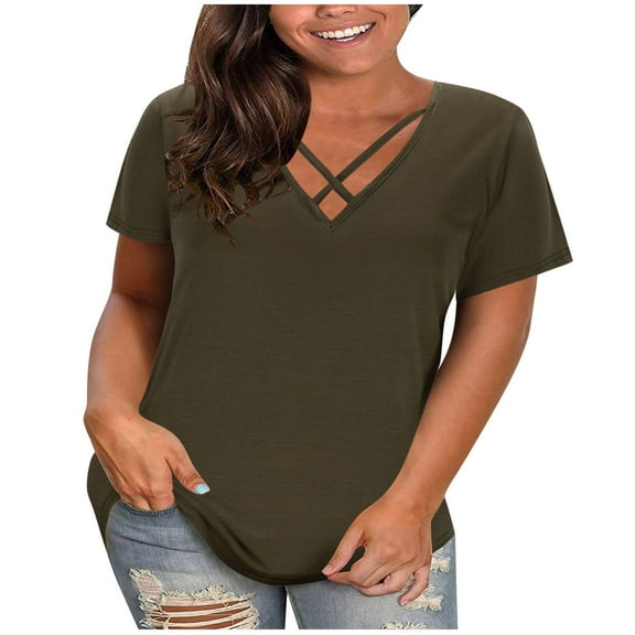 Wxjgog Plus Size Tops for Women Summer Short Sleeve Sexy V Neck Criss Cross T-Shirt Tunic Casual Loose Soft Tee Shirt(L-5XL)