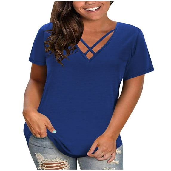 Wxjgog Plus Size Tops for Women Summer Short Sleeve Sexy V Neck Criss Cross T-Shirt Tunic Casual Loose Soft Tee Shirt(L-5XL)