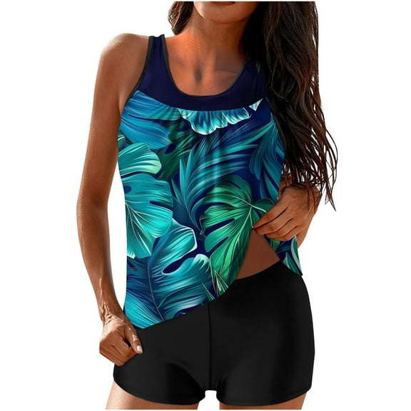 Wxjgog Tankini Swimsuits for Women 2025 Plus Size Bathing Suit Two Piece Swim Suit Printed Blouson Tank Top with Boyshorts