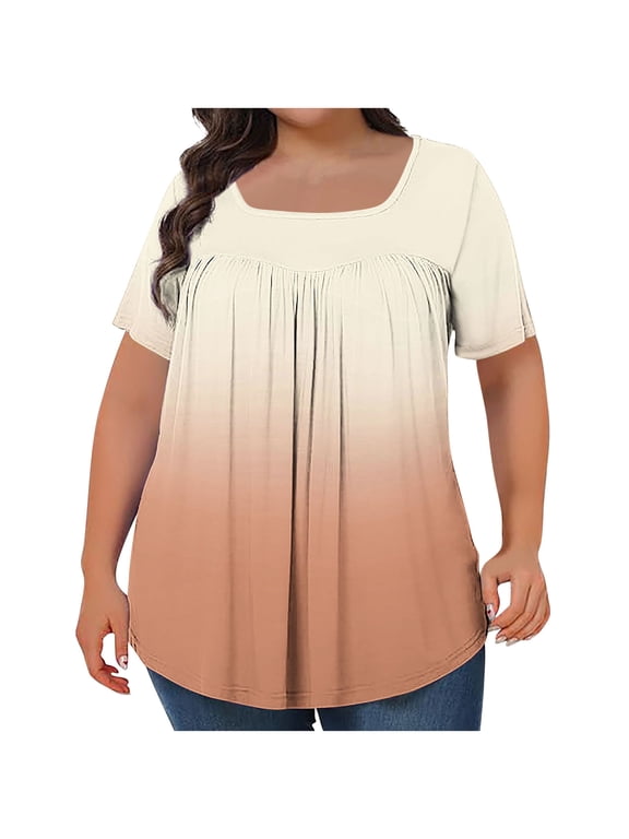 Womens Plus Size Blouses for Women Pleated Casual Short Sleeve Round Neck Shirts Dressy Loose Summer Tops for Women
