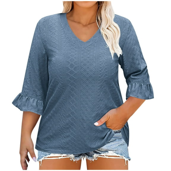 Wxjgog Womens Plus Size Tops 3/4 Length Sleeve Shirts Casual V-Neck Ruffle Sleeve Textured Tunic Blouse (1X-5X) Boho Tops for Women