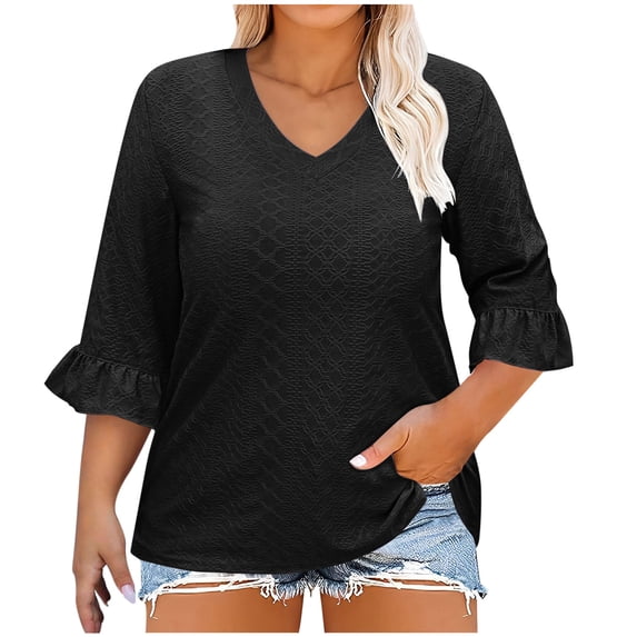 Wxjgog Womens Plus Size Tops 3/4 Length Sleeve Shirts Casual V-Neck Ruffle Sleeve Textured Tunic Blouse (1X-5X) Boho Tops for Women