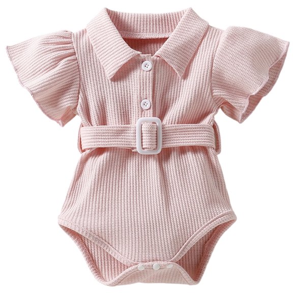 Wxolcjlv Baby Boys Jumpsuit Waffle Knit Collared Lapel Front Open Bodysuits Flutter Sleeve Comfy Triangle Romper With Belt,6-12 Months