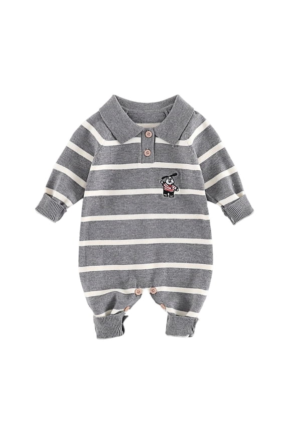 v Baby Boys Knitted Romper Fall Long Sleeve Collared Striped Polo Jumpsuit Gentleman Style Soft Cozy One-Piece Bodysuits,3-6 Months