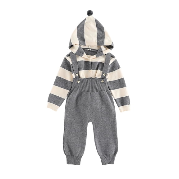 Wxolcjlv Baby Boys Knitted Wool Hooded Sweater Pants Set Color Striped Adjustable Waistband Soft Cozy Jumpsuit Outfits,6-12 Months