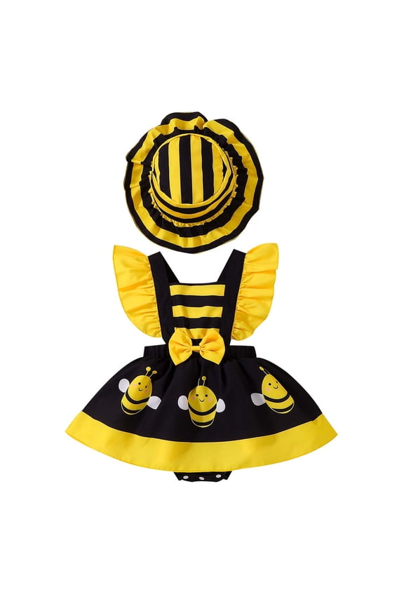 Baby Girls Bodysuits Cartoon Bee Print Sleeveless Sling Jumpsuit With Hat Cute Casual Romper,3-6M