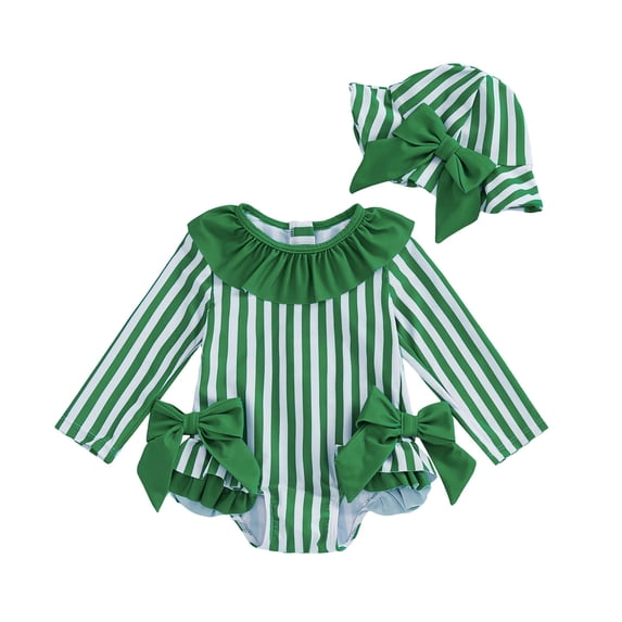 Wxolcjlv Baby Girls Ruffle One-Piece Rash Guard Beach Striped Bow Long Sleeve Swimwear with Hat
