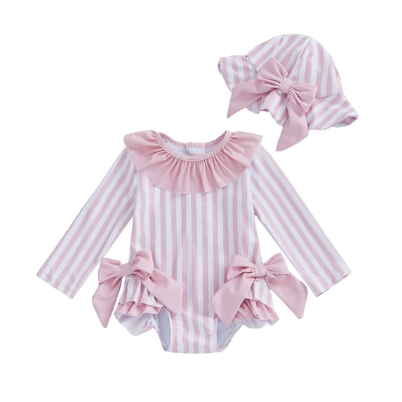 Wxolcjlv Baby Girls Ruffle One-Piece Rash Guard Beach Striped Bow Long Sleeve Swimwear with Hat