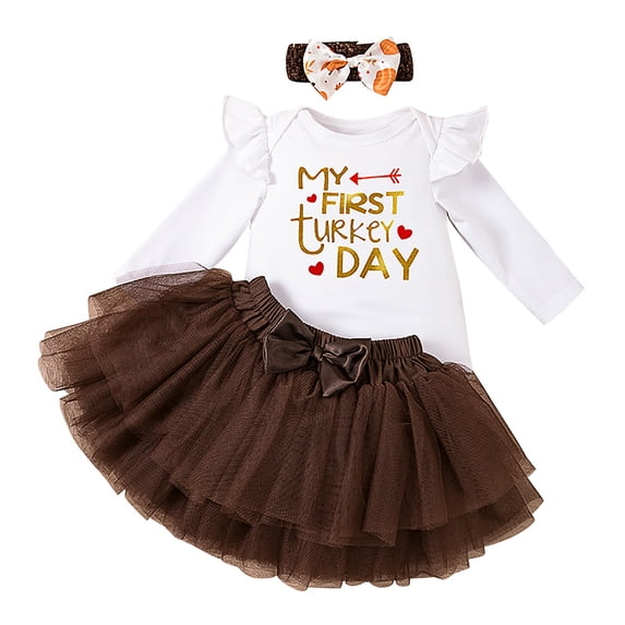 Wxolcjlv Baby Girls Thanksgiving Outfits Long Sleeve Romper Tutu Skirt Headband 3Pc Set, Sizes 0-18M