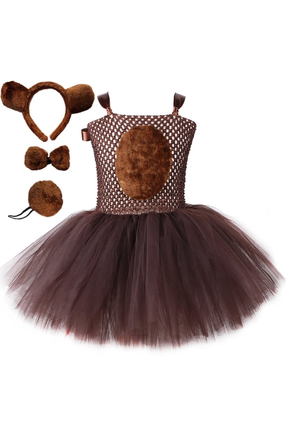 Big Girls Brown Bear Dress Up Outfits Eyelet Tutu Slip Dress with Accessory 4Pc Sets