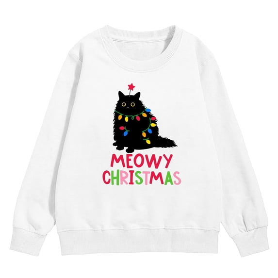 Wxolcjlv Big Girls Christmas Cat Print Crewneck Sweatshirt Winter Long Sleeve Casual Pullover Top, Sizes 3-10