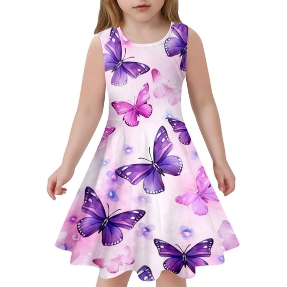 Wxolcjlv Big Girls Skater Dress Butterfly Print Sleeveless Casual Crewneck Dresses