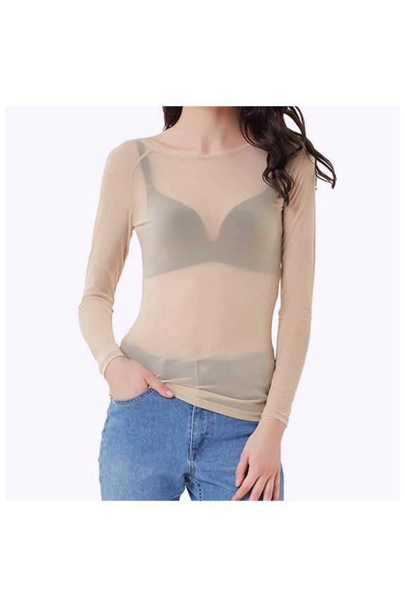 Blouses For Women Solid Color Tops Long Sleeve O Neck Mesh Sheer Seamless Slim Layering Tops,Beige,S
