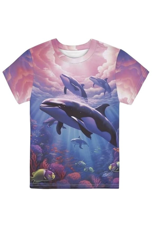 Boys Summer Whale Print O Neck Tee Casual Quick Dry Short Sleeve T Shirt, Sizes 1-13