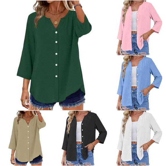 Wxolcjlv Button Front 3/4 Sleeve Cardigan for Women Crew Neck Casual Daily Lightweight Outerwear