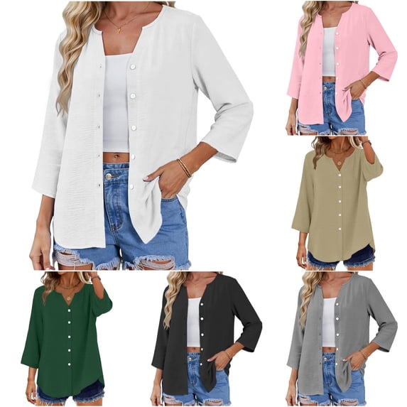 Wxolcjlv Button Front 3/4 Sleeve Cardigan for Women Crew Neck Casual Daily Lightweight Outerwear