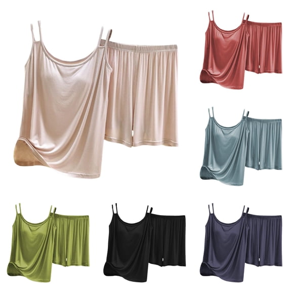Wxolcjlv Cami Short Outfit Set for Women Sleeveless Tank Elastic Waist Loungewear Pajama Set