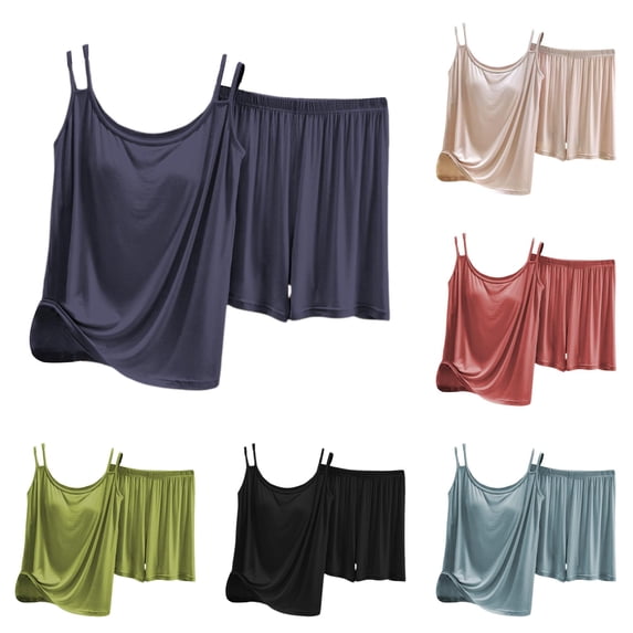 Wxolcjlv Cami Short Outfit Set for Women Sleeveless Tank Elastic Waist Loungewear Pajama Set