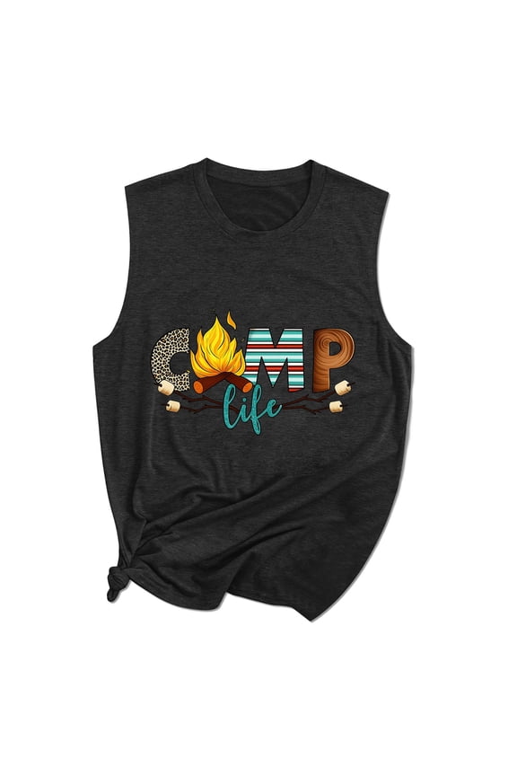 Camp Life Fire Graphic Sleeveless Tank Top for Women Round Neck Knotted Side Outdoor Camping Camisole