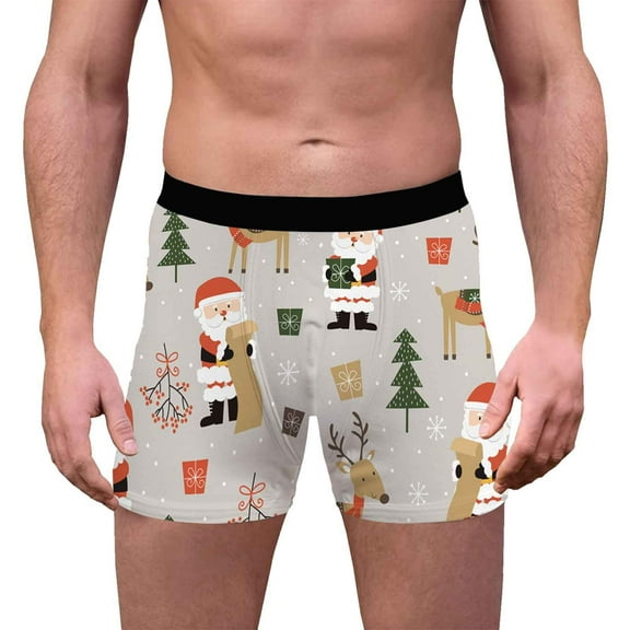 Wxolcjlv Christmas Men's Boxer Briefs Xmas 3D Printed Skin-Friendly Underpants Mid-Rise Breathable Soft Comfortable Trunks Grey L