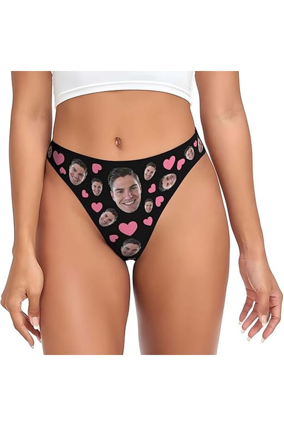 DIY Printed Thongs For Womens Face Photo Customized No Show Thong Panties Funny Lightweight Breathable Stretch Briefs For Her(XXL,Black2)