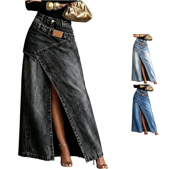 Wxolcjlv Denim Maxi Skirt for Women High Waist Wrap Split Casual Streetwear Long A Line Skirt