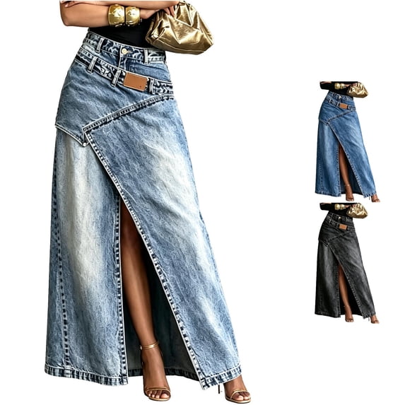 Wxolcjlv Denim Maxi Skirt for Women High Waist Wrap Split Casual Streetwear Long A Line Skirt