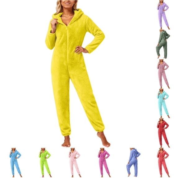 Wxolcjlv Ear Hood Fleece Onesie for Women Zip Up Long Jumpsuit Sleepwear Loungewear