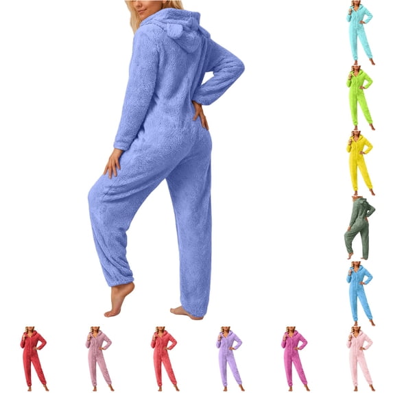 Wxolcjlv Ear Hood Fleece Onesie for Women Zip Up Long Jumpsuit Sleepwear Loungewear