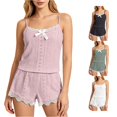 thumbnail image 1 of Wxolcjlv Eyelet Lace Pajama Set For Women Spaghetti Strap Bow Top Ruffle Trim Sleep Shorts, 1 of 4