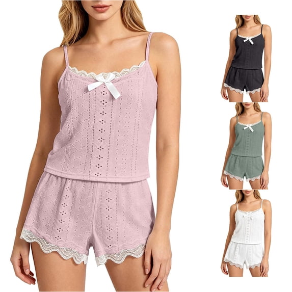 Wxolcjlv Eyelet Lace Pajama Set For Women Spaghetti Strap Bow Top Ruffle Trim Sleep Shorts