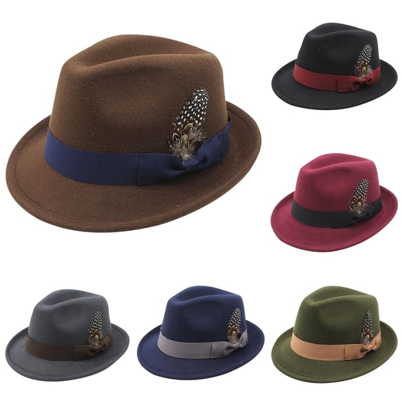 Wxolcjlv Feather Decor Fedora Hat for Men Green Ribbon Band Wide Brim Headwear
