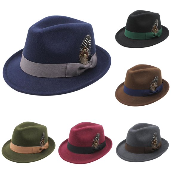 Wxolcjlv Feather Decor Fedora Hat for Men Green Ribbon Band Wide Brim Headwear