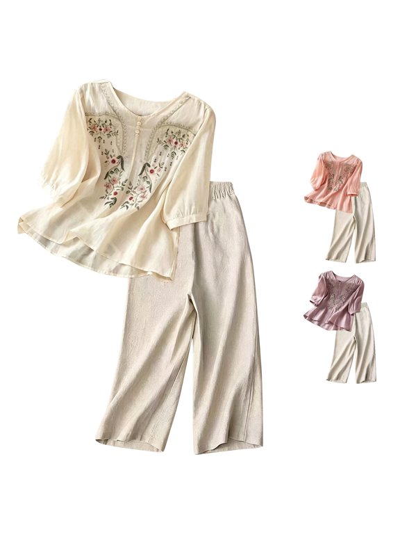 Floral Embroidered Two Piece Outfit for Women Three Quarter Sleeve Tunic Culotte Set