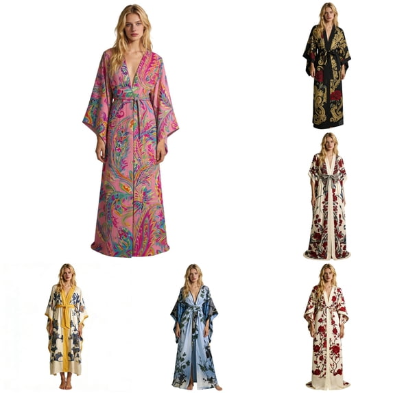 Wxolcjlv Floral Print Robe for Women Kimono Wrap Long Sleeve Waist Tie Bathrobe Nightgown