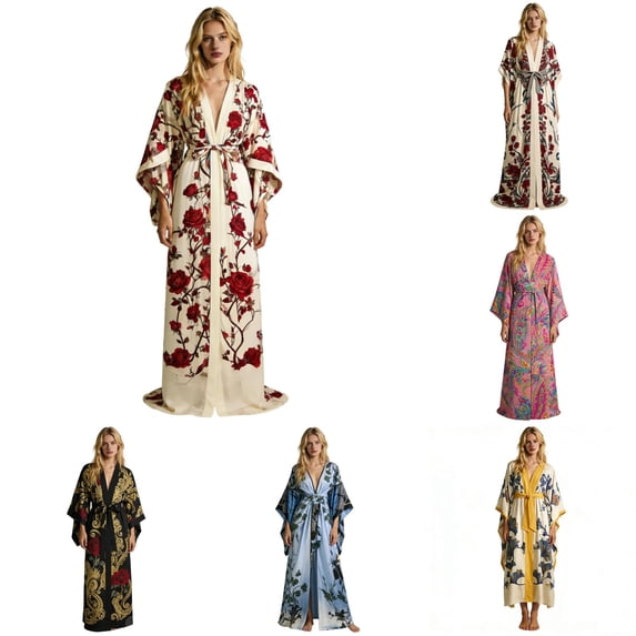 Wxolcjlv Floral Print Robe for Women Kimono Wrap Long Sleeve Waist Tie Bathrobe Nightgown