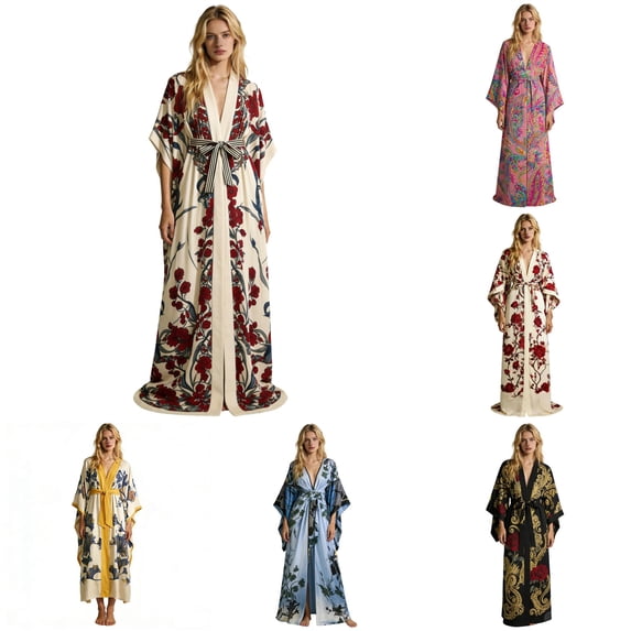 Wxolcjlv Floral Print Robe for Women Kimono Wrap Long Sleeve Waist Tie Bathrobe Nightgown