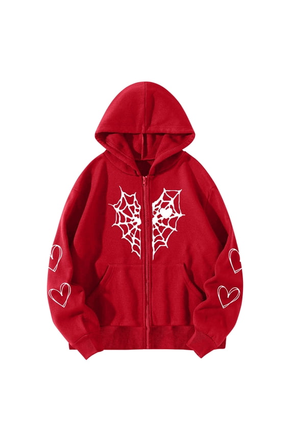 Full Zip Hoodies for Women Spider Web Heart Print Drawstring Hooded Sweatshirt Fall Edgy Jacket With Pockets