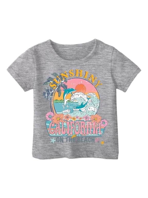 Girls California Beach Sunshine Graphic Tee Casual O Neck Short Sleeve T Shirt, Sizes 1-13