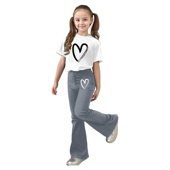 Wxolcjlv Girls Casual Outfits Heart Print Short Sleeve Tee and Flare Pants Set, Sizes 7-13