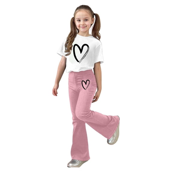 Wxolcjlv Girls Casual Outfits Heart Print Short Sleeve Tee and Flare Pants Set, Sizes 7-13