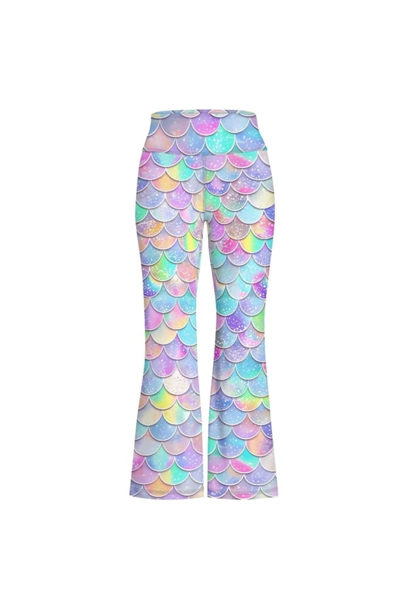 Girls Flared Pants Fish Scale Pattern High Rise Soft Stretchy Leggings, Sizes 1-14Y