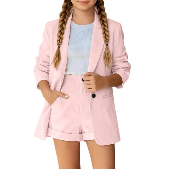 Wxolcjlv Girls Formal Outfits Solid Color Button Lapel Blazer Baggy Shorts Sets, Sizes 3-14