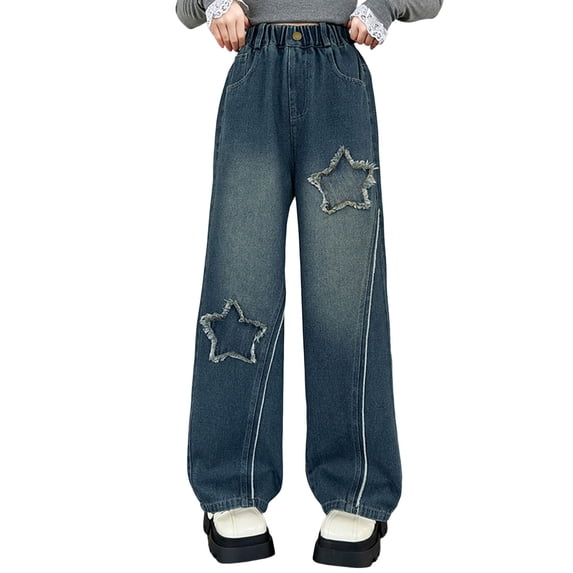 Wxolcjlv Girls High Rise Denim Pants Straight Leg Stars Ripped Long Jeans, Sizes 6-16Y